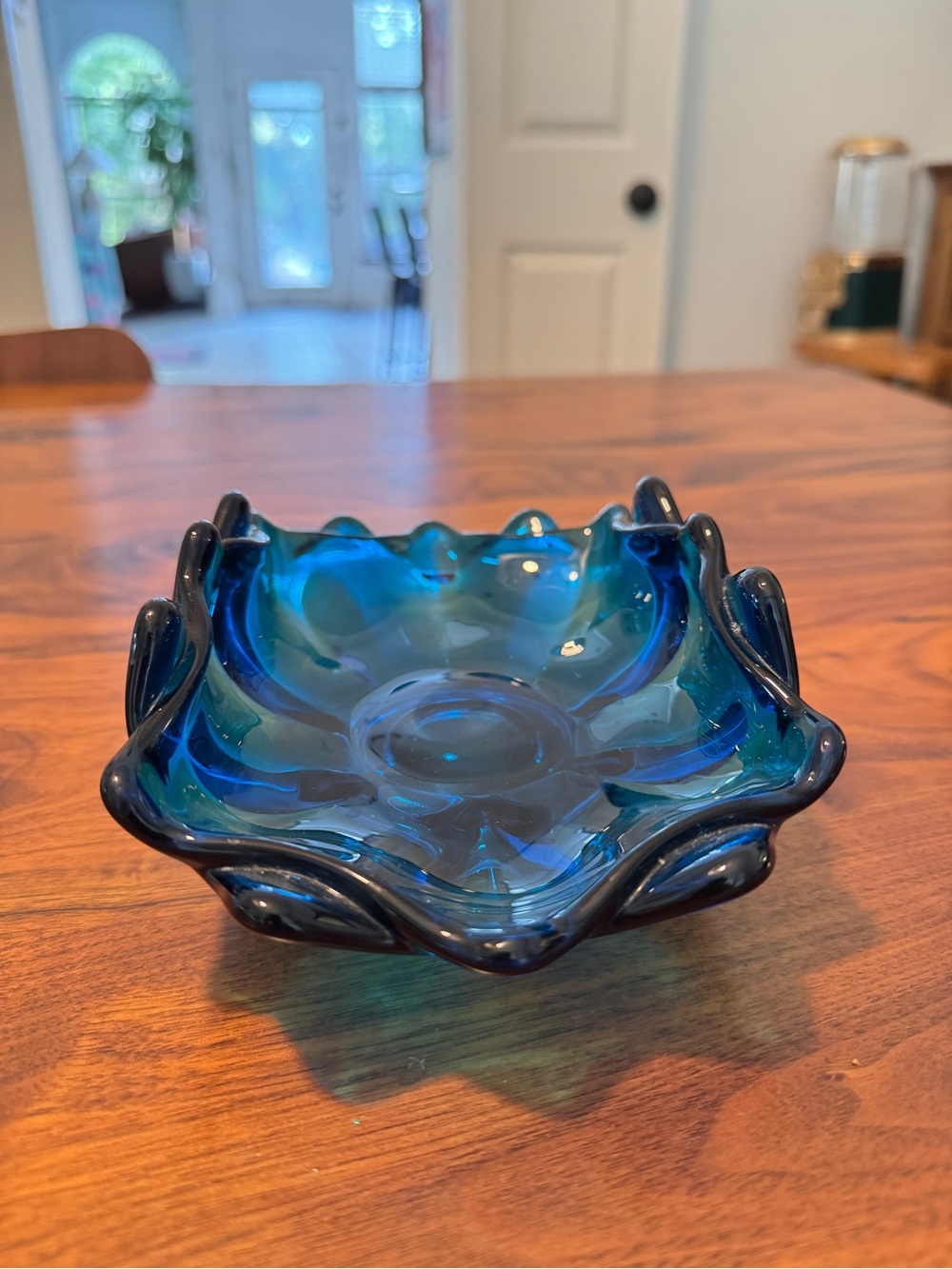 MCM Vintage Viking Glass Blue Bluenique Double Crimped Glass Pedestal Bowl Dish